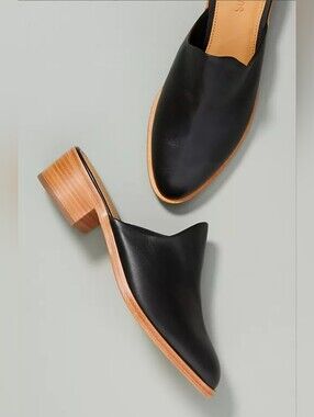 Soludos The Venetian Black Leather Slip-On Mules with Natural Wood Heel Size 7